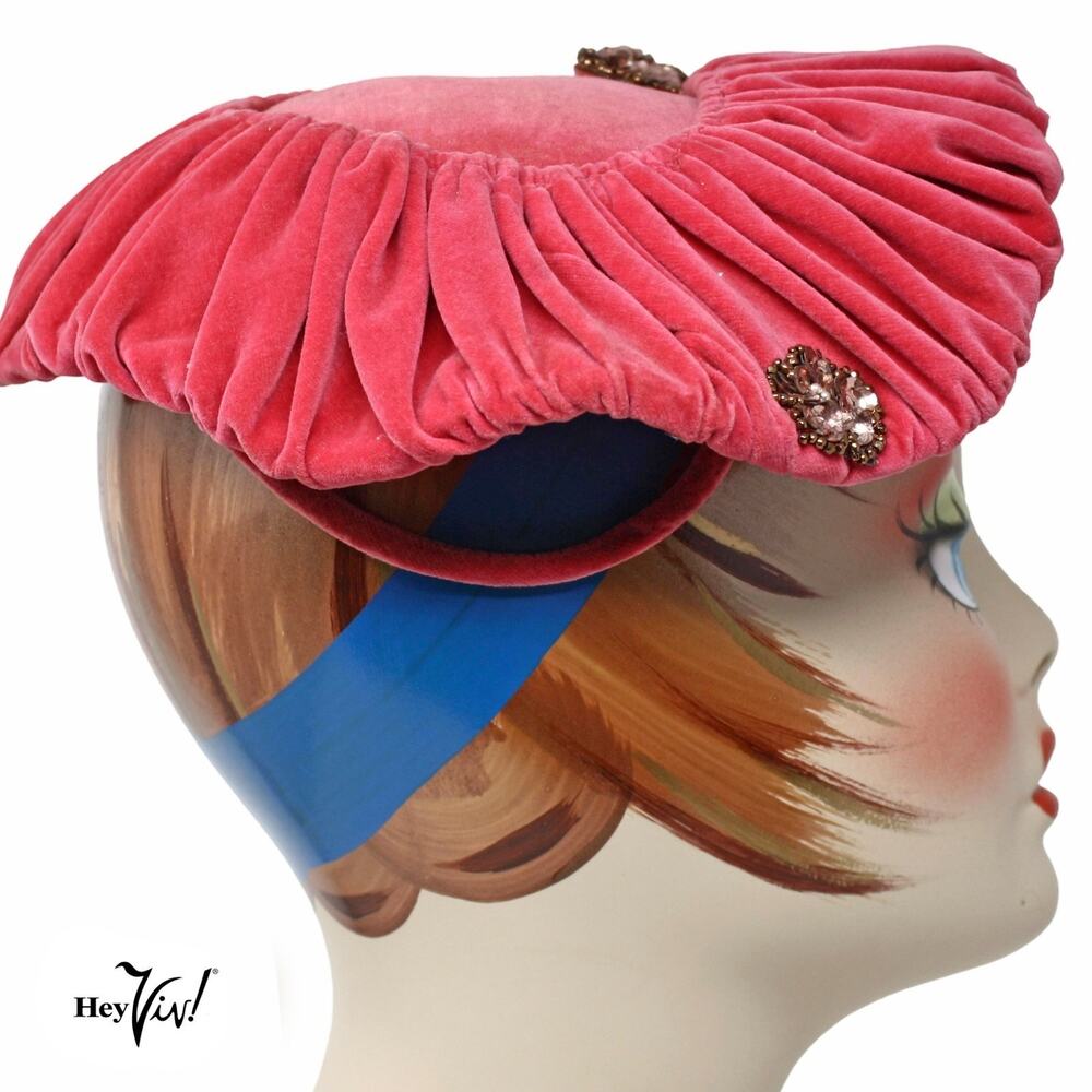 Vintage 50s Pink Gathered Velvet Tilt Platter Hat Sequin Bead Accents - Hey Viv